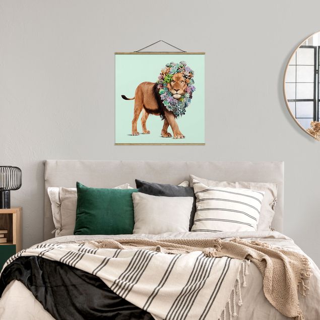 Fabric print with poster hangers - Lion With Succulents
