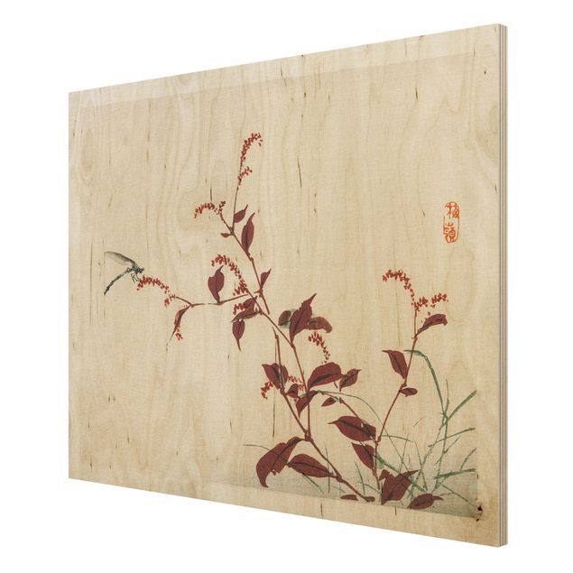 Print on wood - Asian Vintage Drawing Red Branch With Dragonfly