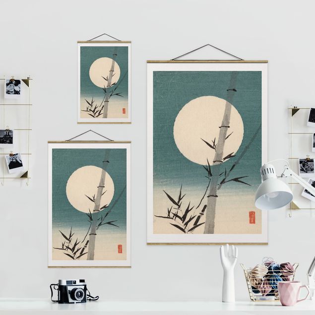 Fabric print with poster hangers - Japanese Drawing Bamboo And Moon
