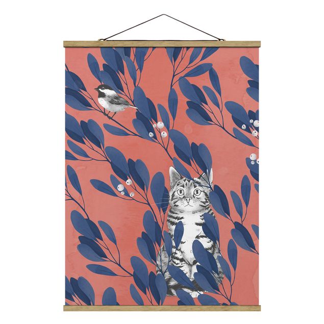 Fabric print with poster hangers - Illustration Cat And Bird On Branch Blue Red