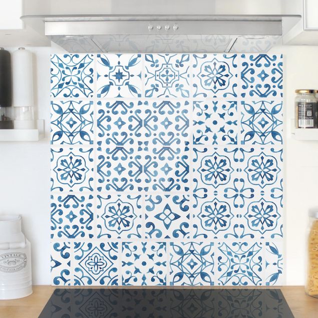 Glass splashback tiles Tile pattern Blue White
