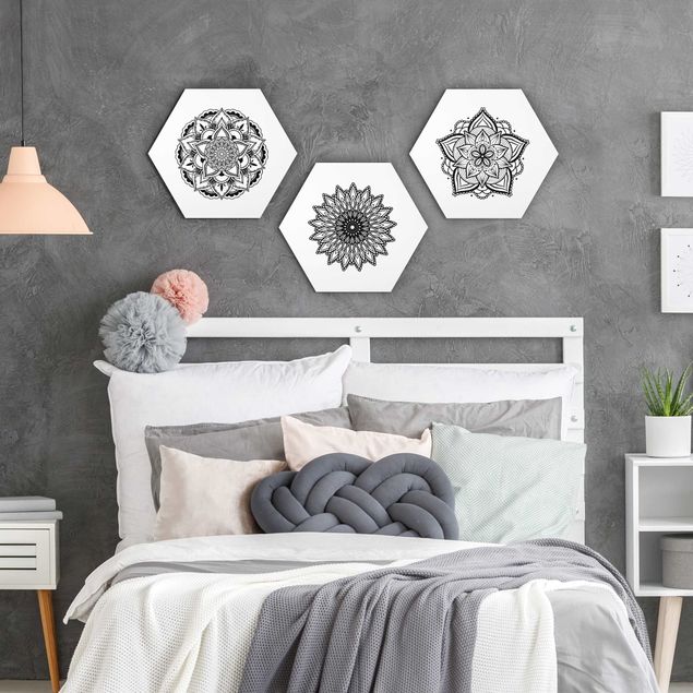 Alu-Dibond hexagon - Mandala Flower Sun Illustration Set Black And White