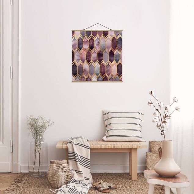 Fabric print with poster hangers - Stained Glass Geometric Rose Gold