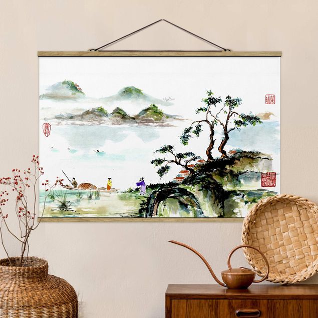 Fabric print with poster hangers - Japanese Watercolour Drawing Lake And Mountains