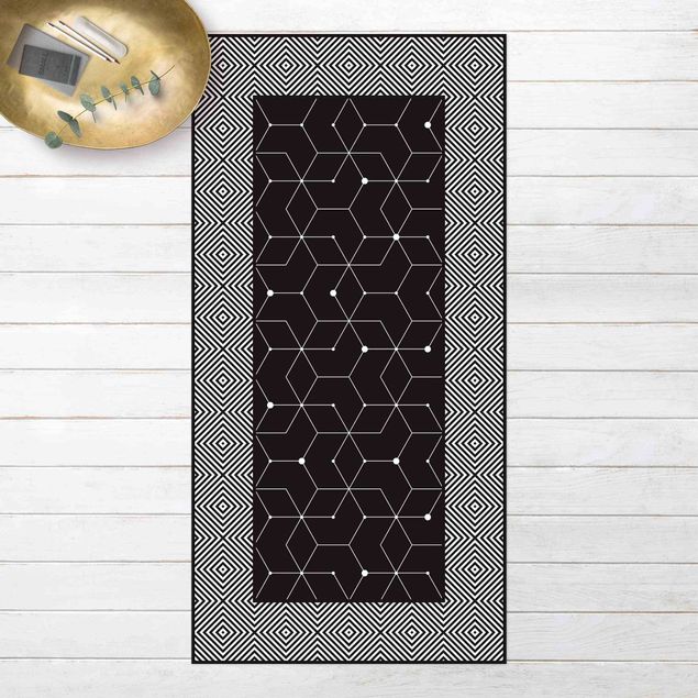 outdoor balcony rug Geometrical Tiles Dotted Lines Black With Border