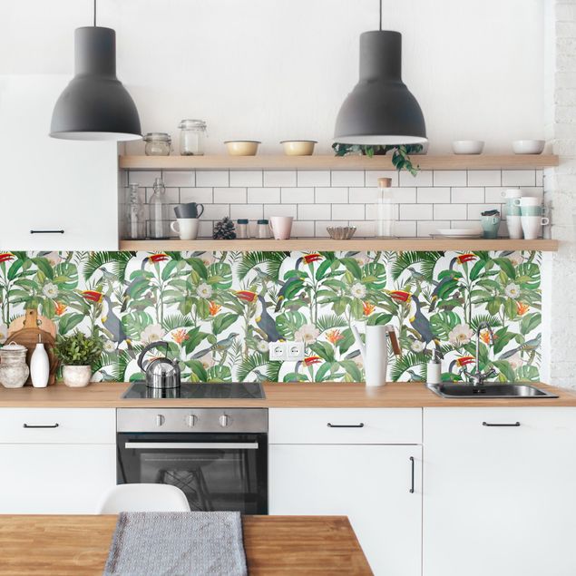 Kitchen splashback patterns Tropical Toucan With Monstera And Palm Leaves II