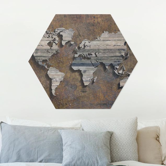 Alu-Dibond hexagon - Wooden Grid World Map