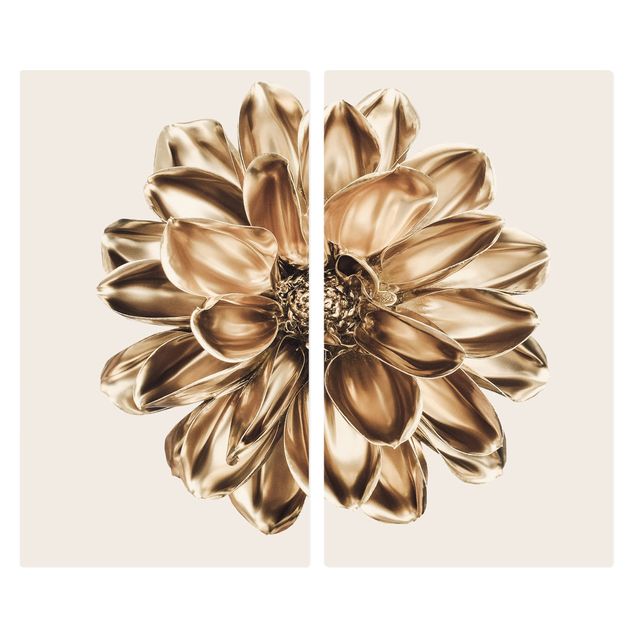Glass stove top cover - Dahlia Flower Gold Metallic