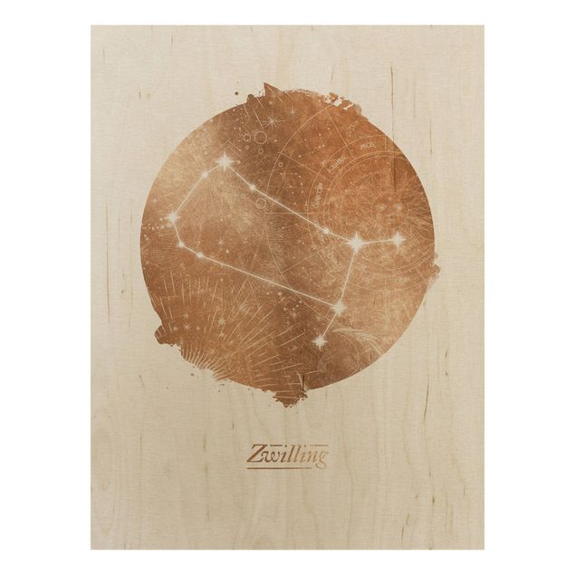 Print on wood - Zodiac Sign Gemini Gold