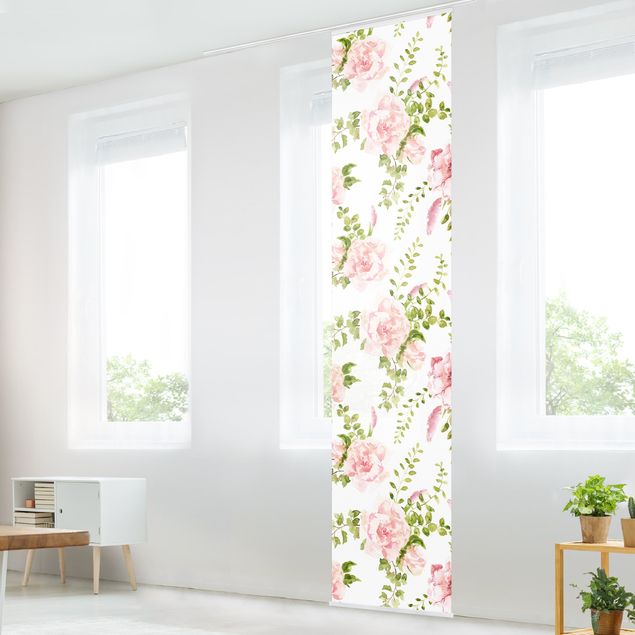 Sliding panel curtain - Green Leaves With Pink Flowers In Watercolour
