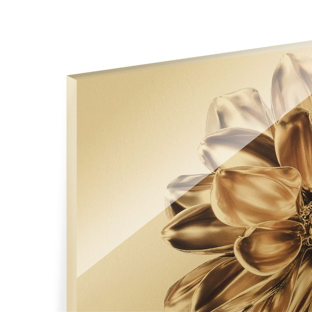 Glass print - Dahlia Flower Gold Metallic - Landscape format
