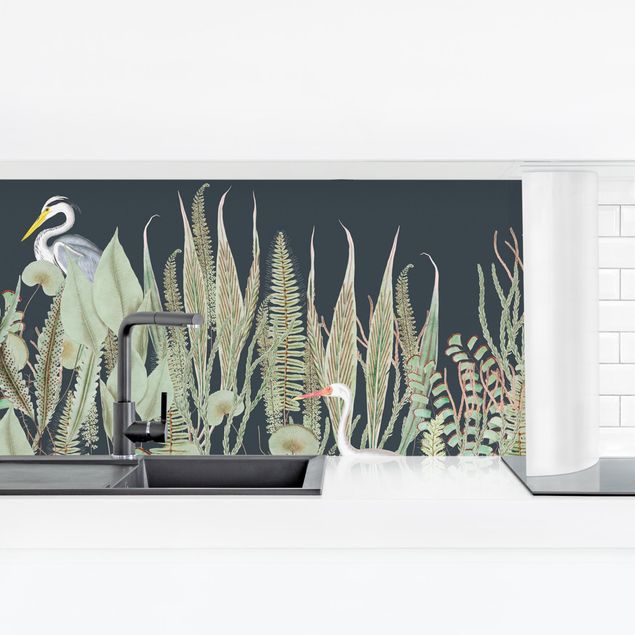 Kitchen splashback animals Flamingo And Stork With Plants On Green
