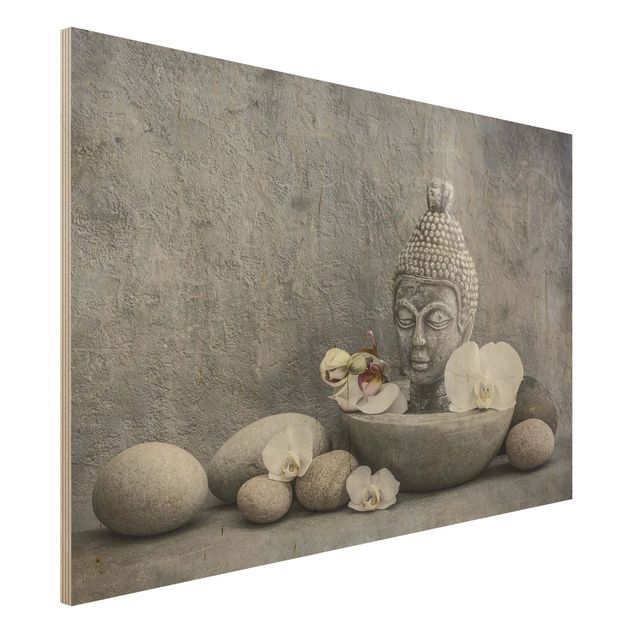 Print on wood - Zen Buddha, Orchid And Stone