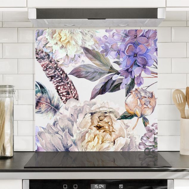 Glass splashback kitchen flower Delicate Watercolour Boho Flowers And Feathers Pattern