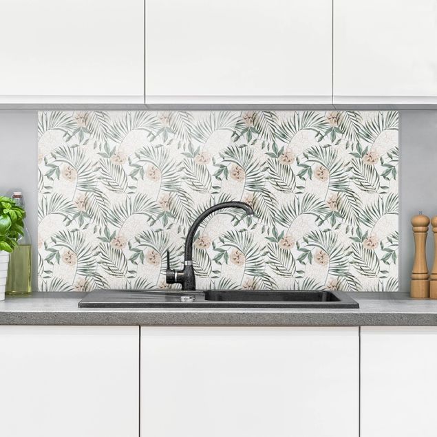 Glass splashback patterns Tropical Palm Bows With Roses Watercolour