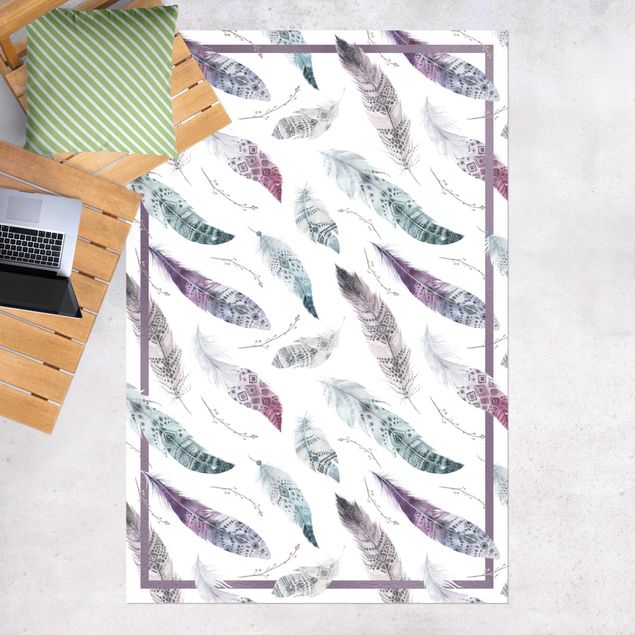 outdoor balcony rug Boho Watercolour Feathers In Aubergine And Petrol Colour With Frame