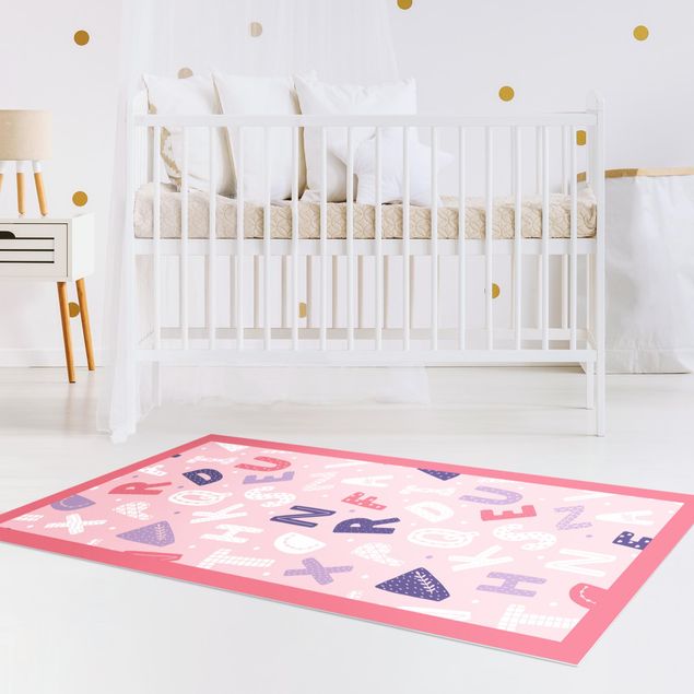 outdoor mat Alphabet With Hearts And Dots In Light Pink With Frame