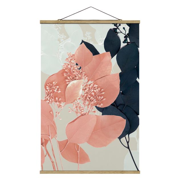Fabric print with poster hangers - Leaves Indigo & Rouge III
