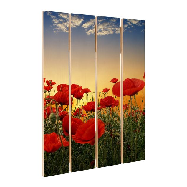Print on wood - Poppy Field In Sunset