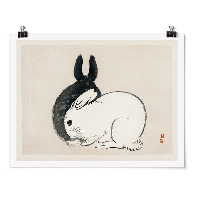 Poster - Asian Vintage Drawing Two Bunnies