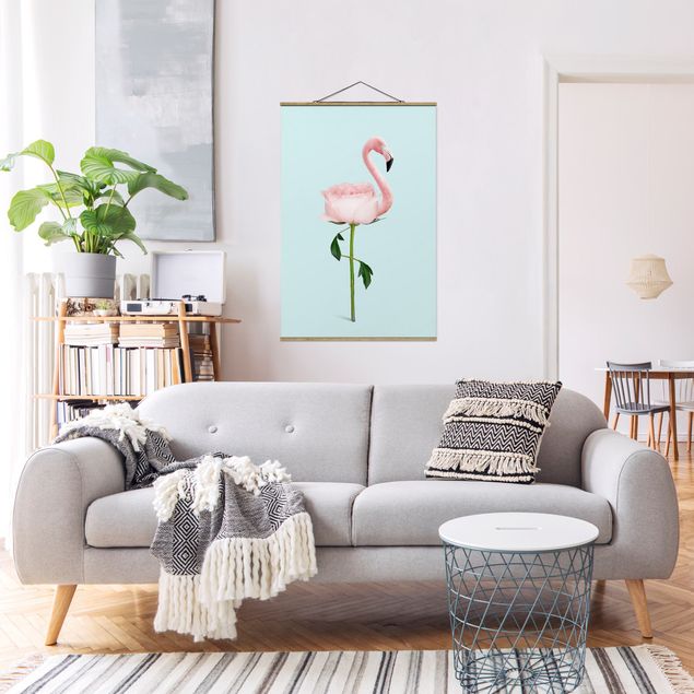 Fabric print with poster hangers - Flamingo With Rose