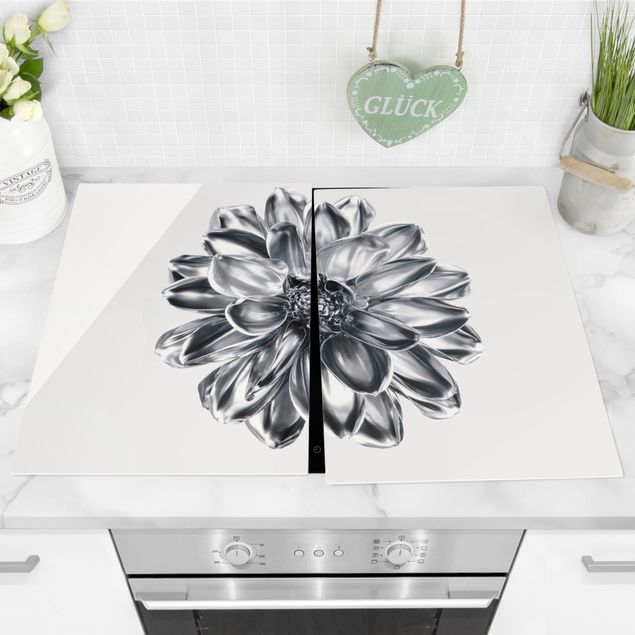 Glass stove top cover - Dahlia Flower Silver Metallic