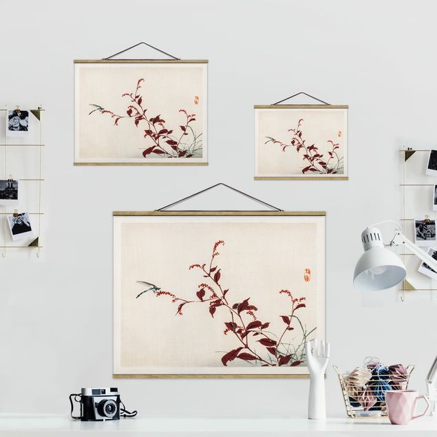 Fabric print with poster hangers - Asian Vintage Drawing Red Branch With Dragonfly