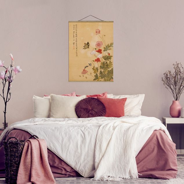 Fabric print with poster hangers - Yuanyu Ma - Poppy Flower And Butterfly