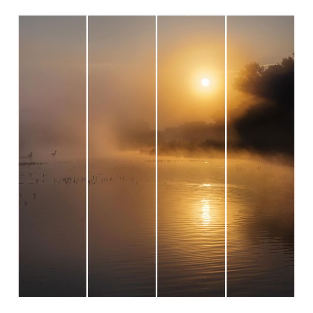 Sliding panel curtains set - Sunrise on the lake with deers in the fog