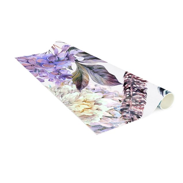 floral area rugs Delicate Watercolour Boho Flowers And Feathers Pattern
