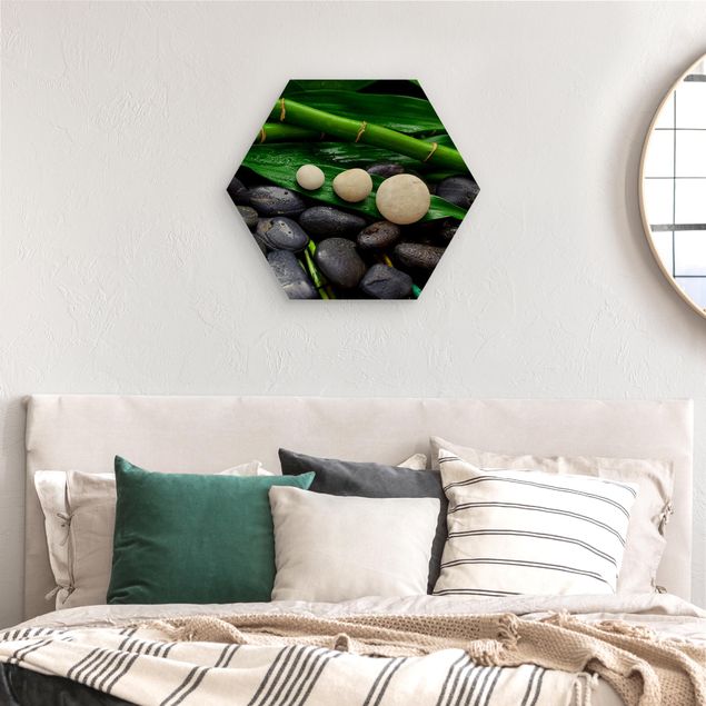 Hexagon Picture Wood - Green Bamboo With Zen Stones