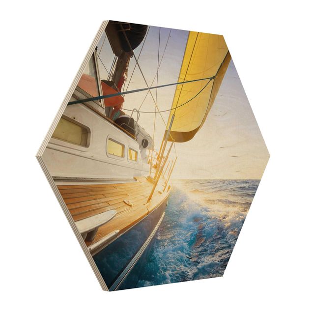 Wooden hexagon - Sailboat On Blue Ocean In Sunshine