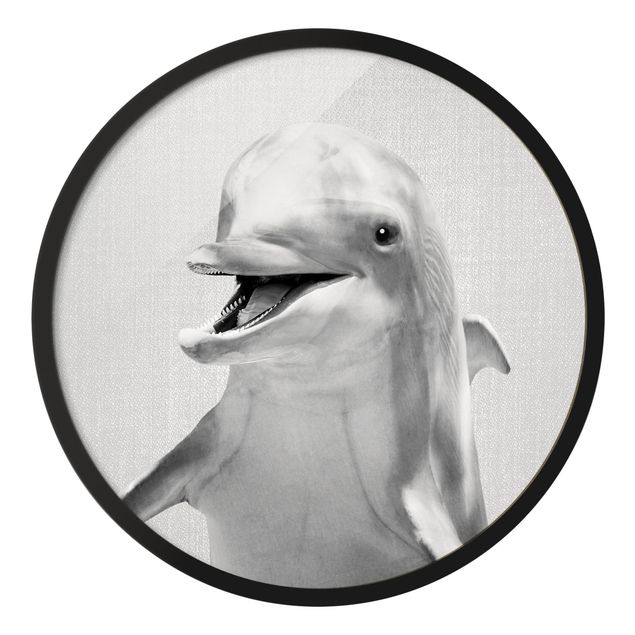 Circular framed print - Dolphin Diddi Black And White