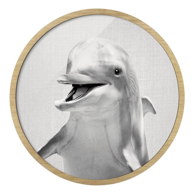 Circular framed print - Dolphin Diddi Black And White