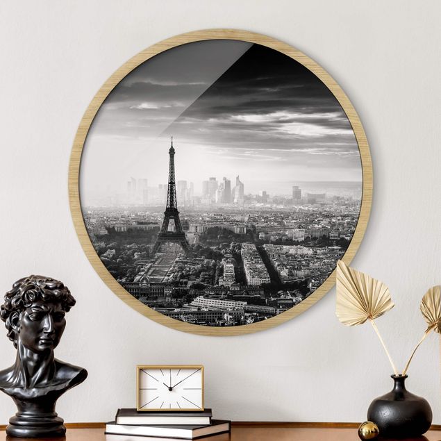 Framed prints round The Eiffel Tower From Above Black And White