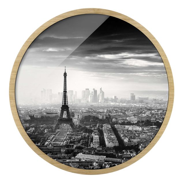 Circular framed print - The Eiffel Tower From Above Black And White