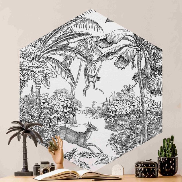 Self-adhesive hexagonal wall mural Detailed Drawing Of Jungle
