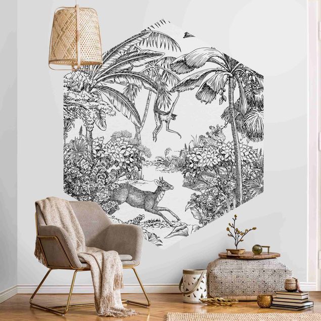 Self-adhesive hexagonal pattern wallpaper - Detailed Drawing Of Jungle