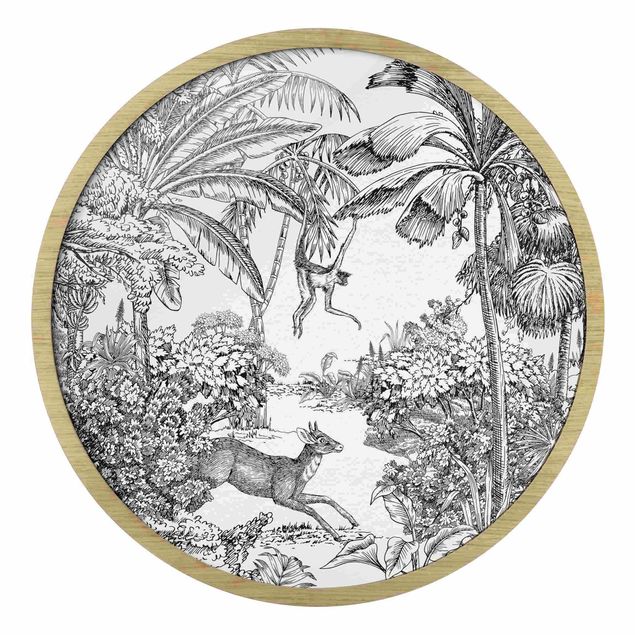Circular framed print - Detailed Drawing Of Jungle