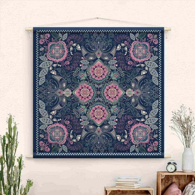 modern tapestry wall hanging Detailed Boho Pattern In Blue