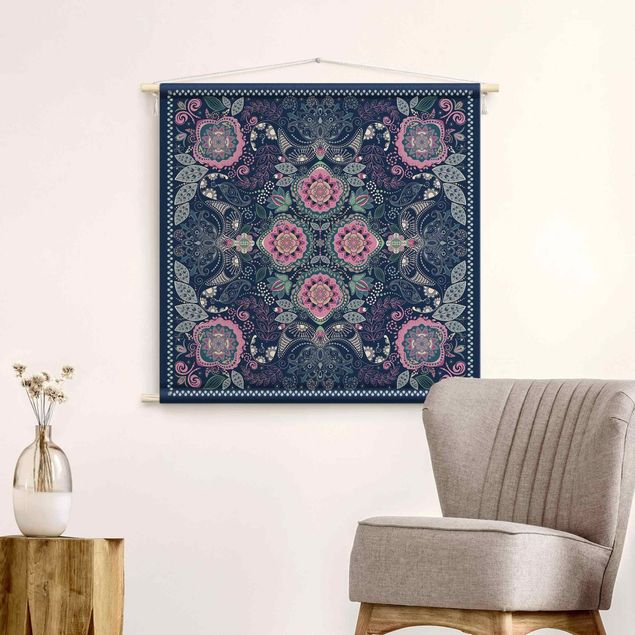 extra large wall tapestry Detailed Boho Pattern In Blue