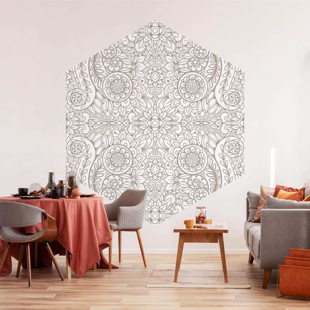 Self-adhesive hexagonal pattern wallpaper - Detailed Art Nouveau Pattern In Gray Beige