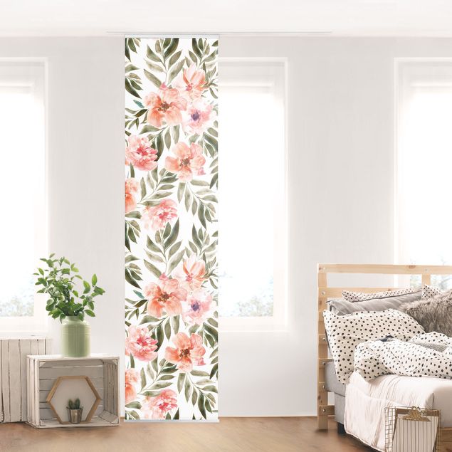 Sliding panel curtain - Watercolour Pink Flowers In Front Of White