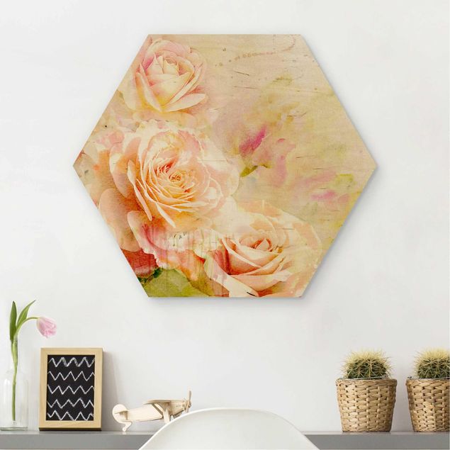 Wooden hexagon - Watercolour Rose Composition