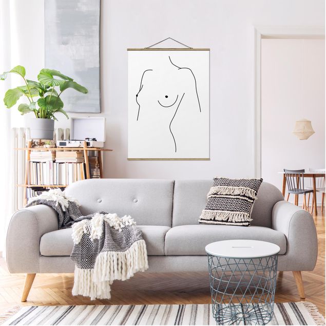 Fabric print with poster hangers - Line Art Nude Bust Woman Black And White