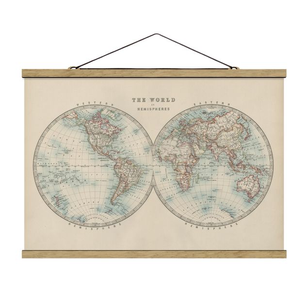 Fabric print with poster hangers - Vintage World Map The Two Hemispheres