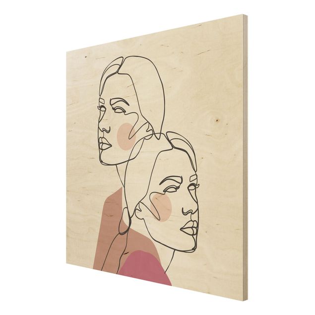 Print on wood - Line Art Women Portrait Cheeks Pink