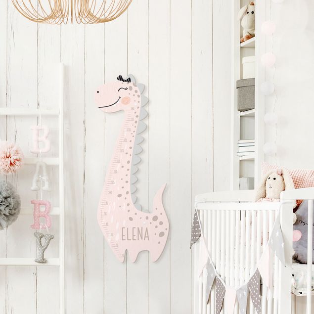 Wooden height chart for kids - Dino girl pastel with custom name
