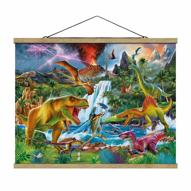 Fabric print with poster hangers - Dinosaurs In A Prehistoric Storm - Landscape format 4:3