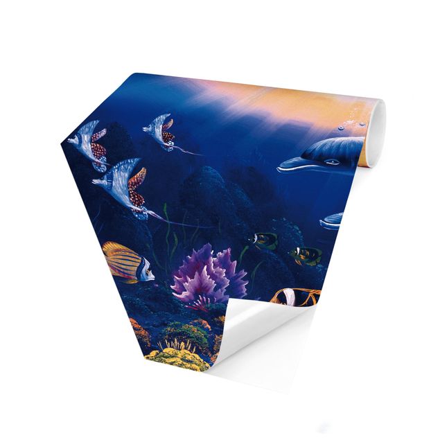 Self-adhesive hexagonal pattern wallpaper - Dolphins World